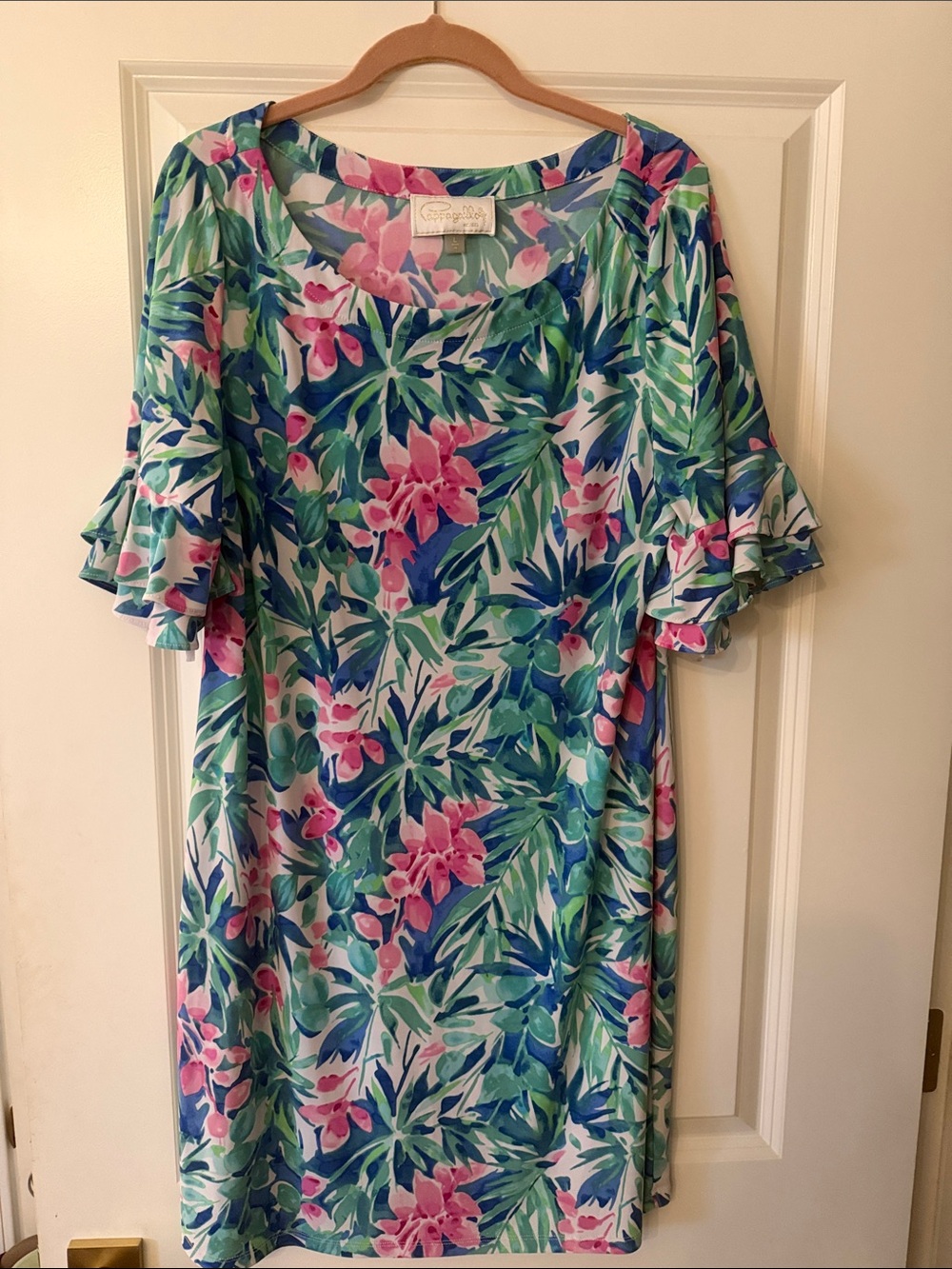 Pappagallo Beautiful Slim Floral Shift Dress with Ruffle Sleeves - Pink & Green
